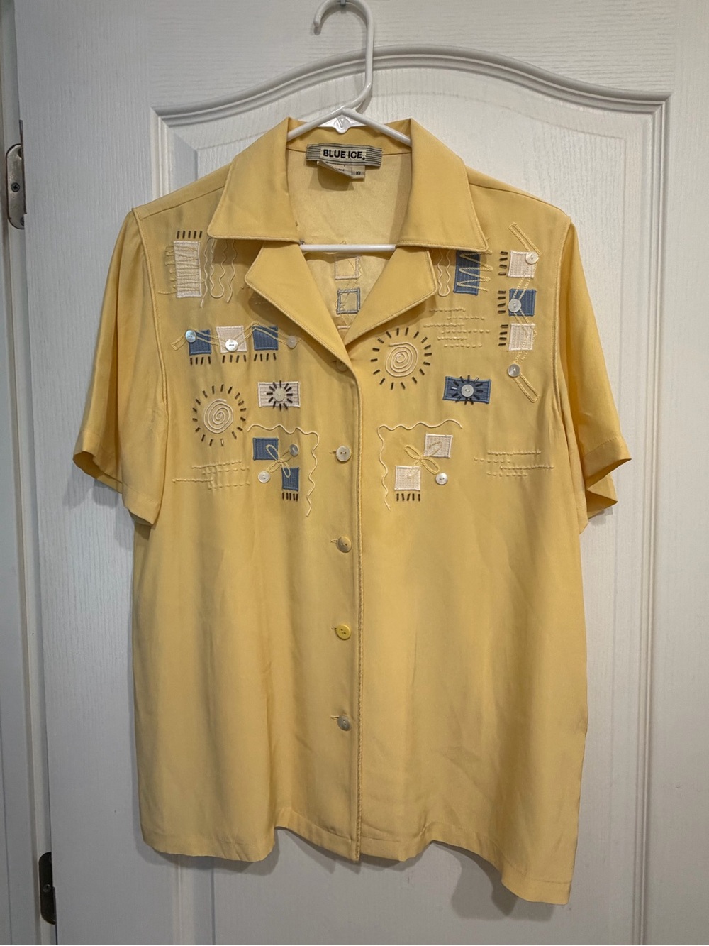 Blue Ice Embroidered Short-Sleeve Yellow Button-Down Shirt